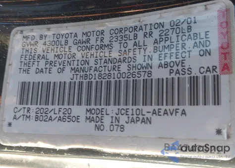 2001 Lexus Is 300 z USA, uszkodzony, nr VIN JTHBD182810026578